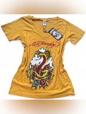 New with tag: Ed Hardy Yellow V-Neck Cobra & Rose Graphic Tee